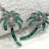 Stunning Green Fire Opal Palm Tree Crystal Earrings Silver inlay 24mm