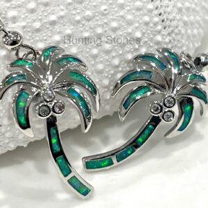 Stunning Green Fire Opal Palm Tree Crystal Earrings Silver inlay 24mm