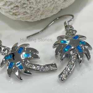 Stunning Blue Fire Opal Palm Tree Crystal Earrings Silver inlay 19mm