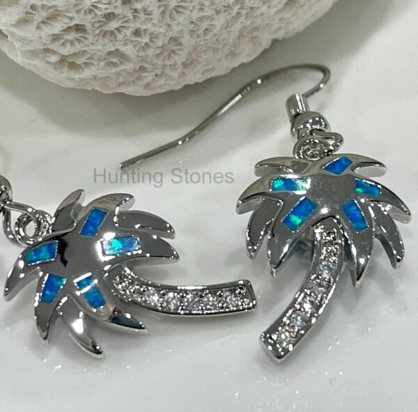 Stunning Blue Fire Opal Palm Tree Crystal Earrings Silver inlay 19mm