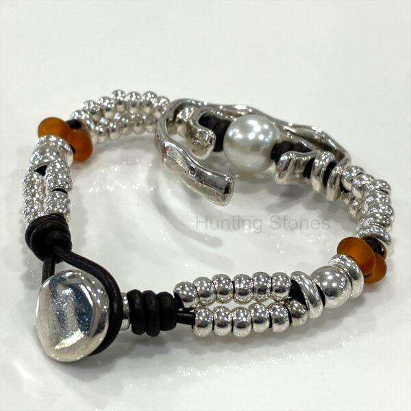 Genuine leather wrap pearl bracelet 8 inch Amber