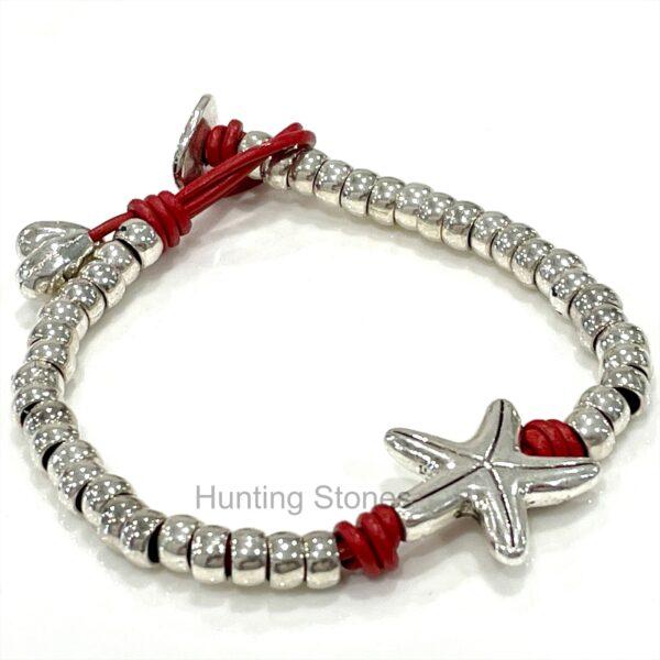 Genuine leather wrap Starfish bracelet 7.5 inch Red