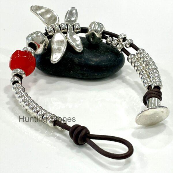 Beautiful Leather and Red Glass Crystal Dragonfly Bracelet