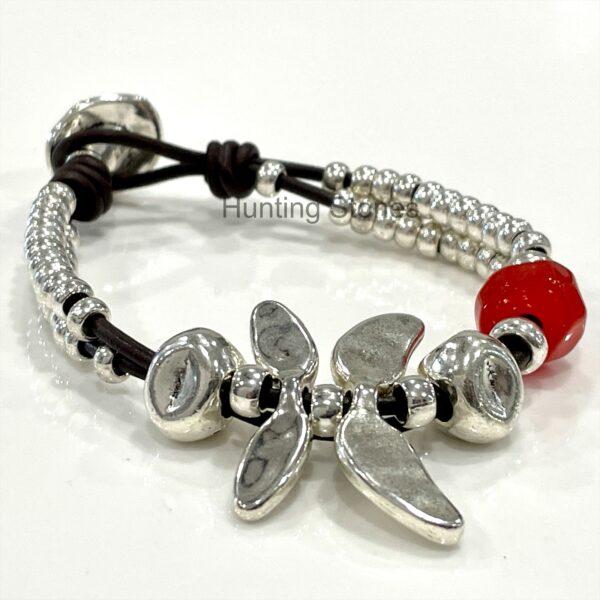 Beautiful Leather and Red Glass Crystal Dragonfly Bracelet