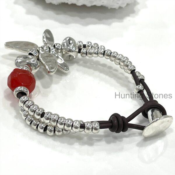 Beautiful Leather and Red Glass Crystal Dragonfly Bracelet