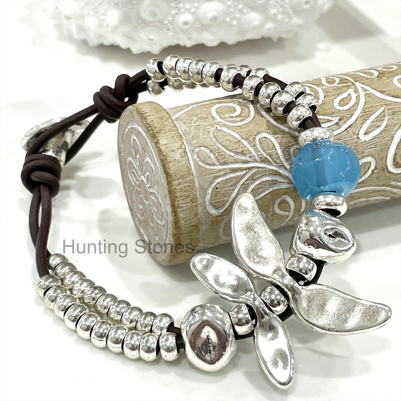 Beautiful Leather and Blue Glass Crystal Dragonfly Bracelet