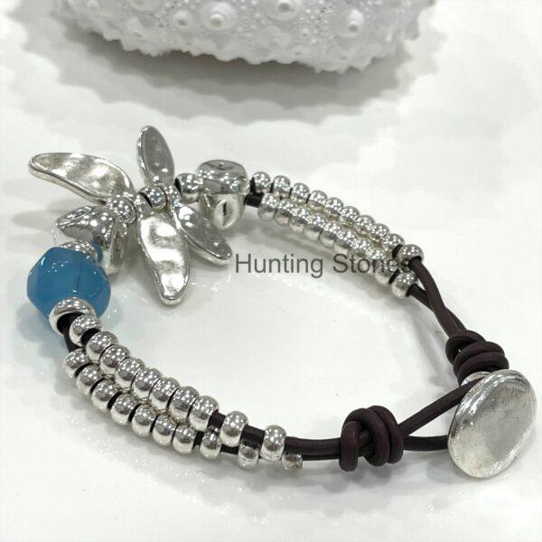 Beautiful Leather and Blue Glass Crystal Dragonfly Bracelet