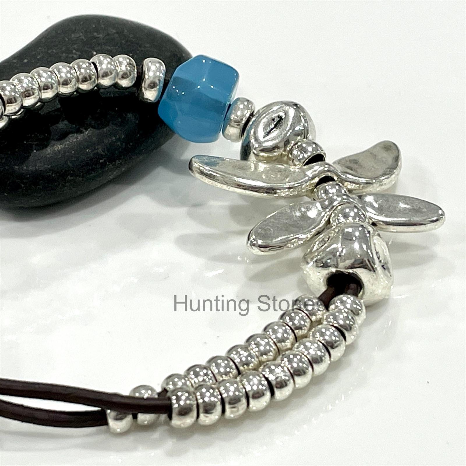 Beautiful Leather and Blue Glass Crystal Dragonfly Bracelet