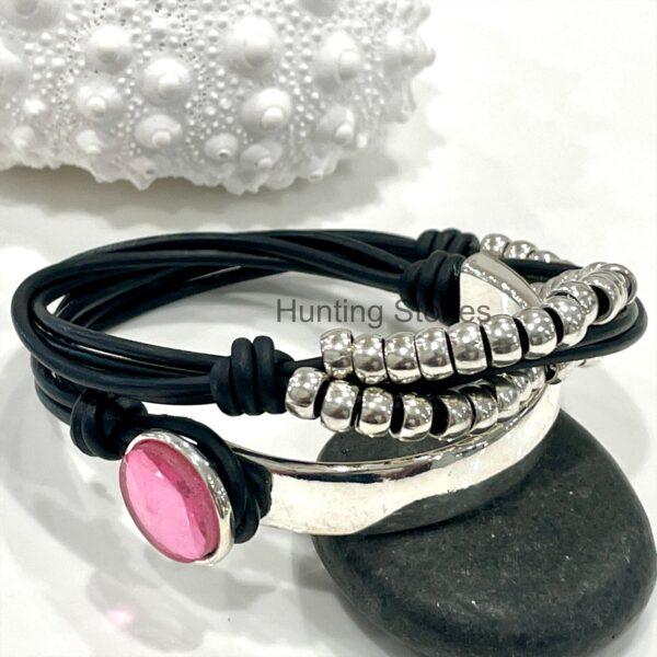 Genuine leather Pink Glass Crystal Wrap Bracelet