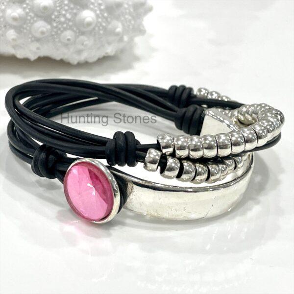 Genuine leather Pink Glass Crystal Wrap Bracelet