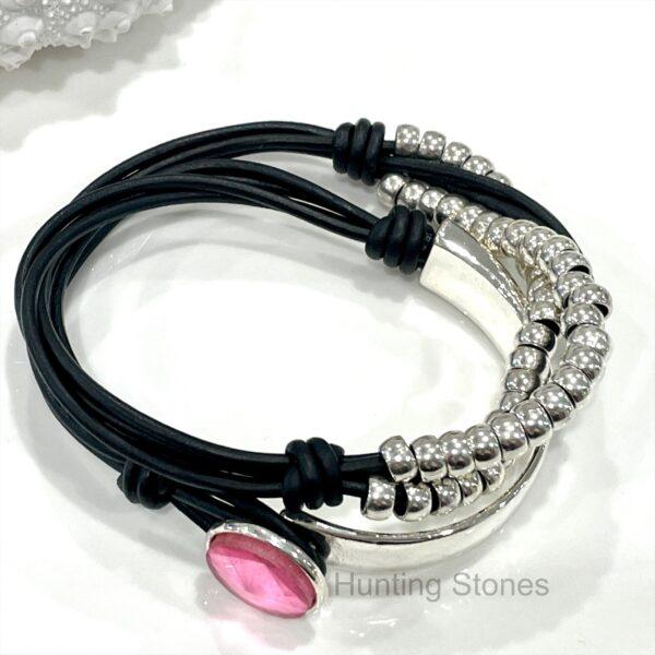 Genuine leather Pink Glass Crystal Wrap Bracelet