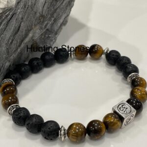 Unisex Aromatherapy Essential oil Natural Lava and Tiger's Eye Om Bracelet - 18cm stretch