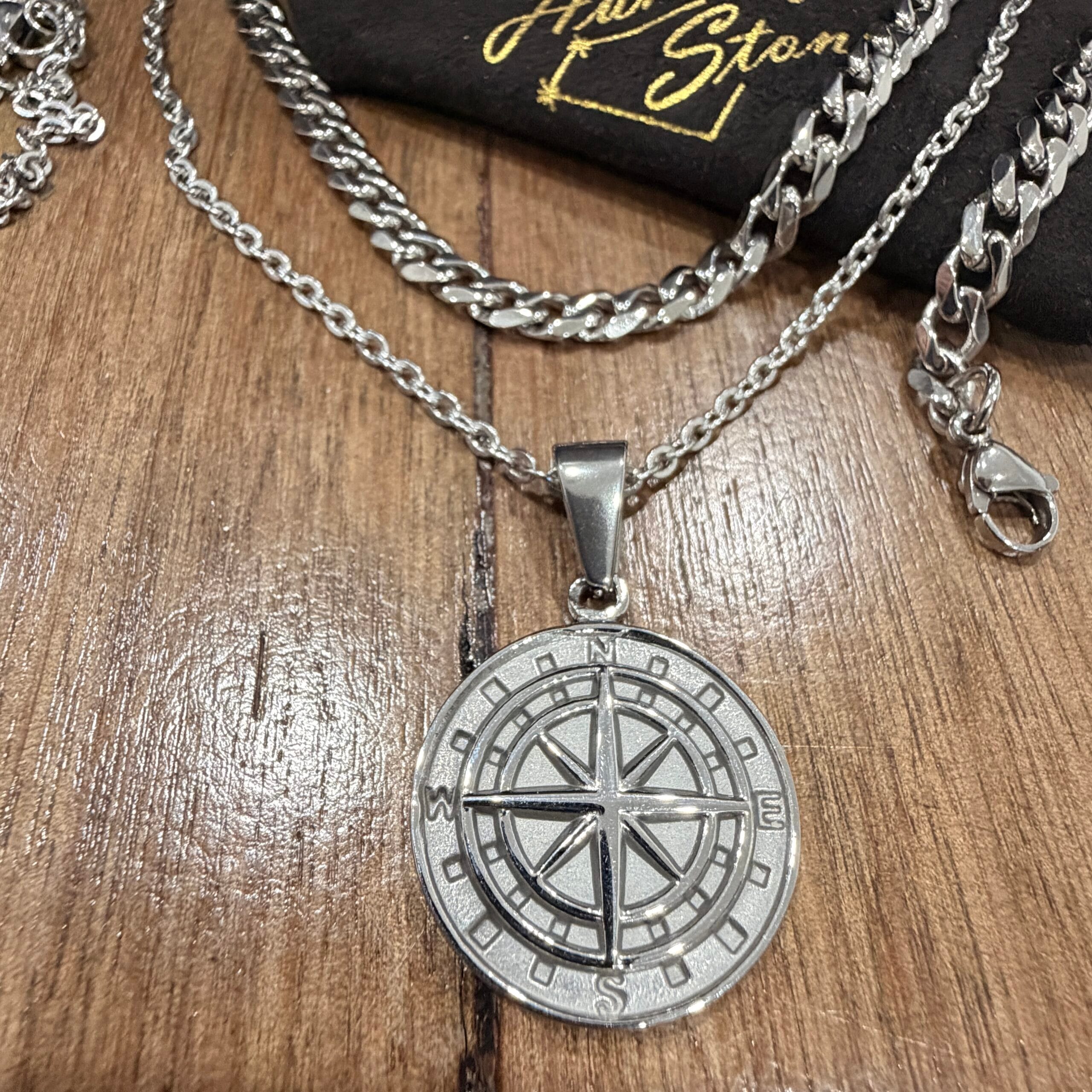 Men's Quality Stainless Steel Compass and Cuban Necklace Chain Set