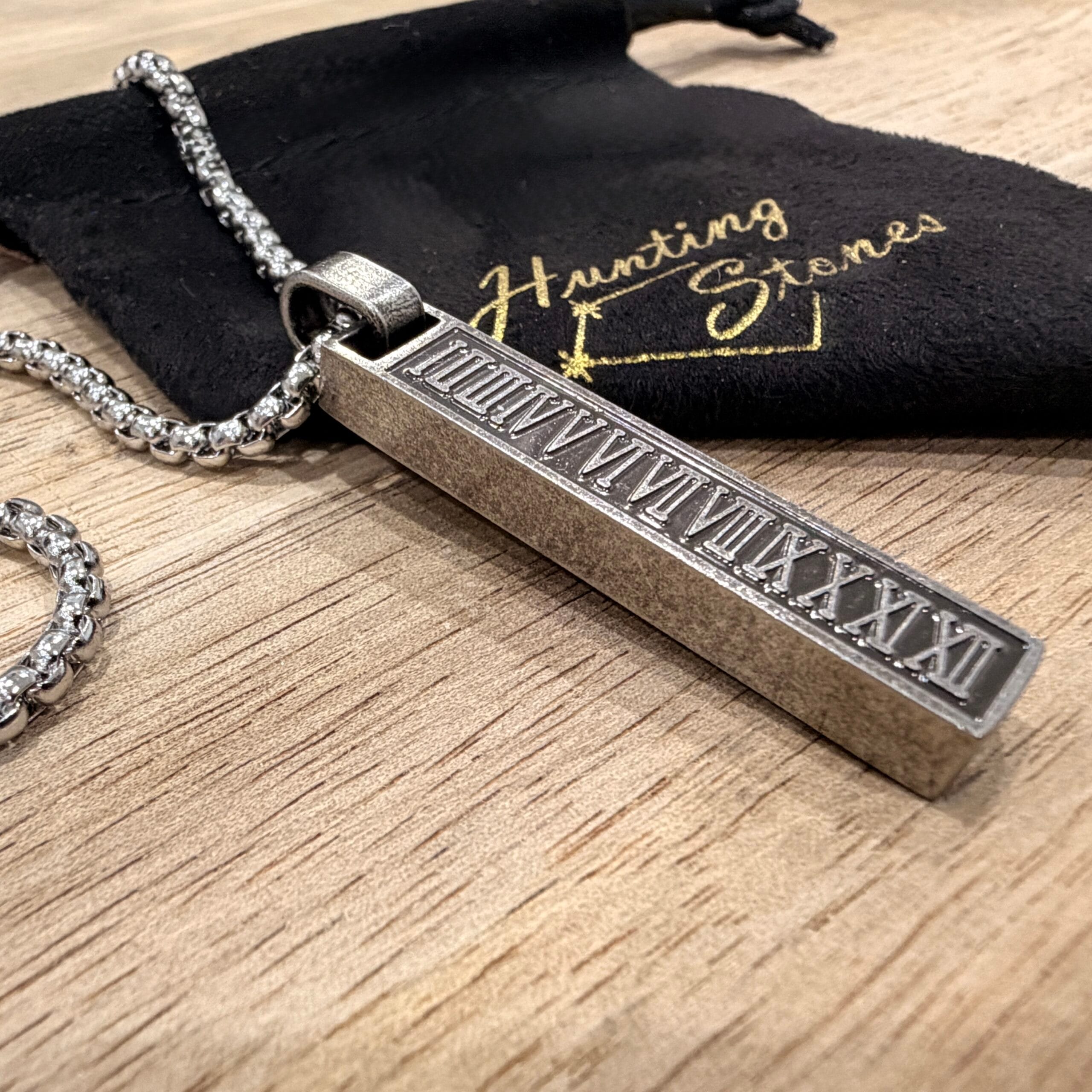 Men's Quality Stainless Steel Bar Necklace Vintage Silver Roman Numerals - 60cm chain