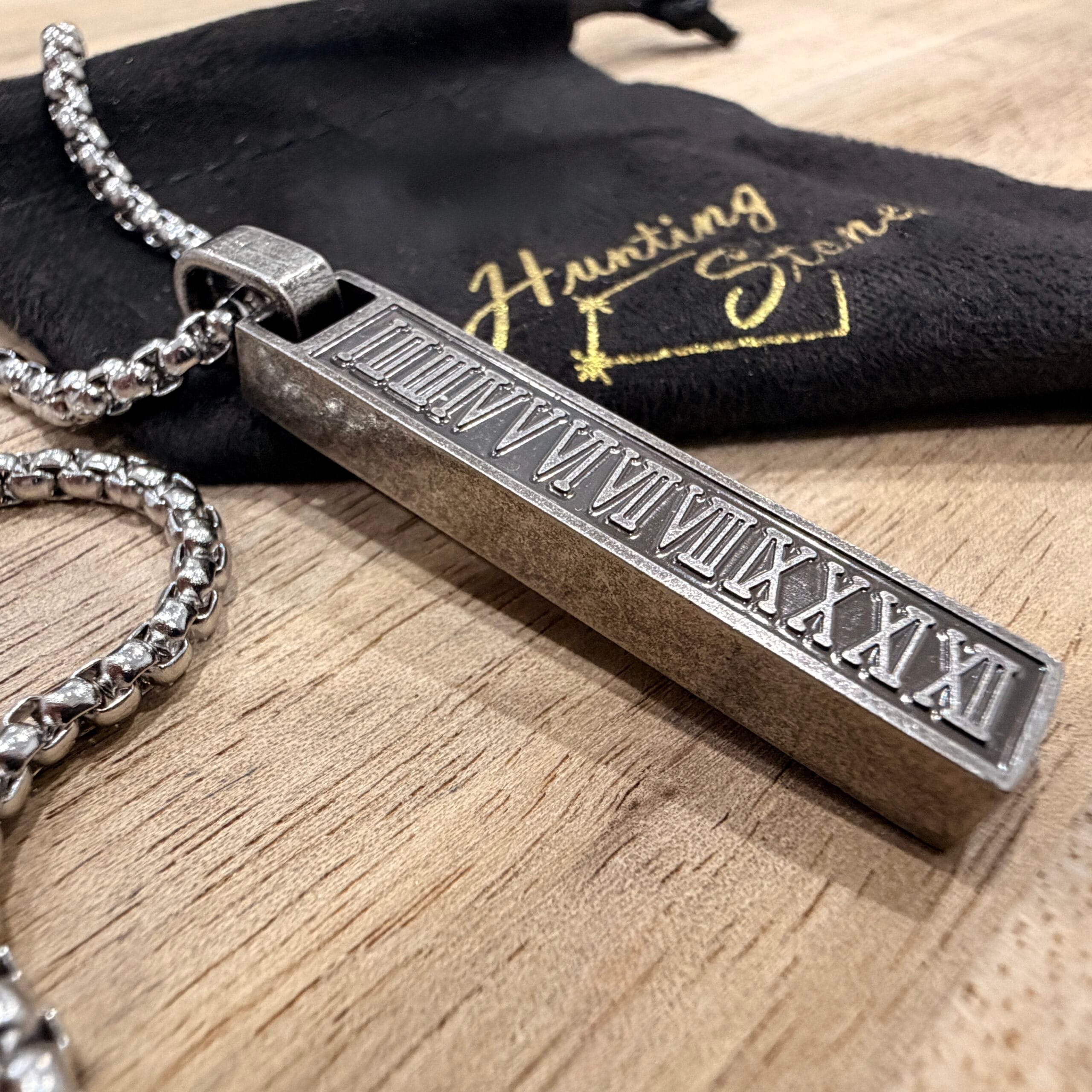 Men's Quality Stainless Steel Bar Necklace Vintage Silver Roman Numerals - 60cm chain