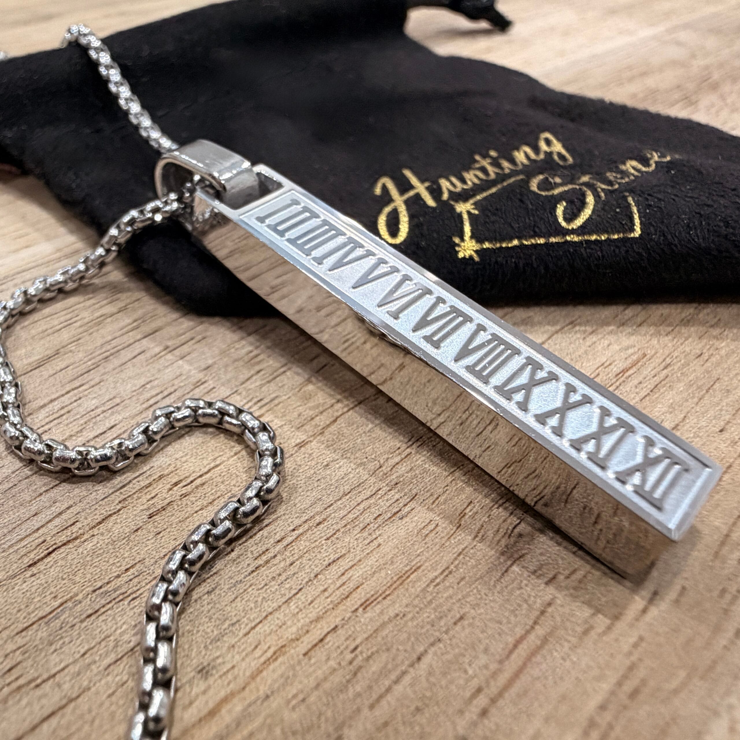 Men's Quality Stainless Steel Silver Bar Necklace Roman Numerals - 60cm chain