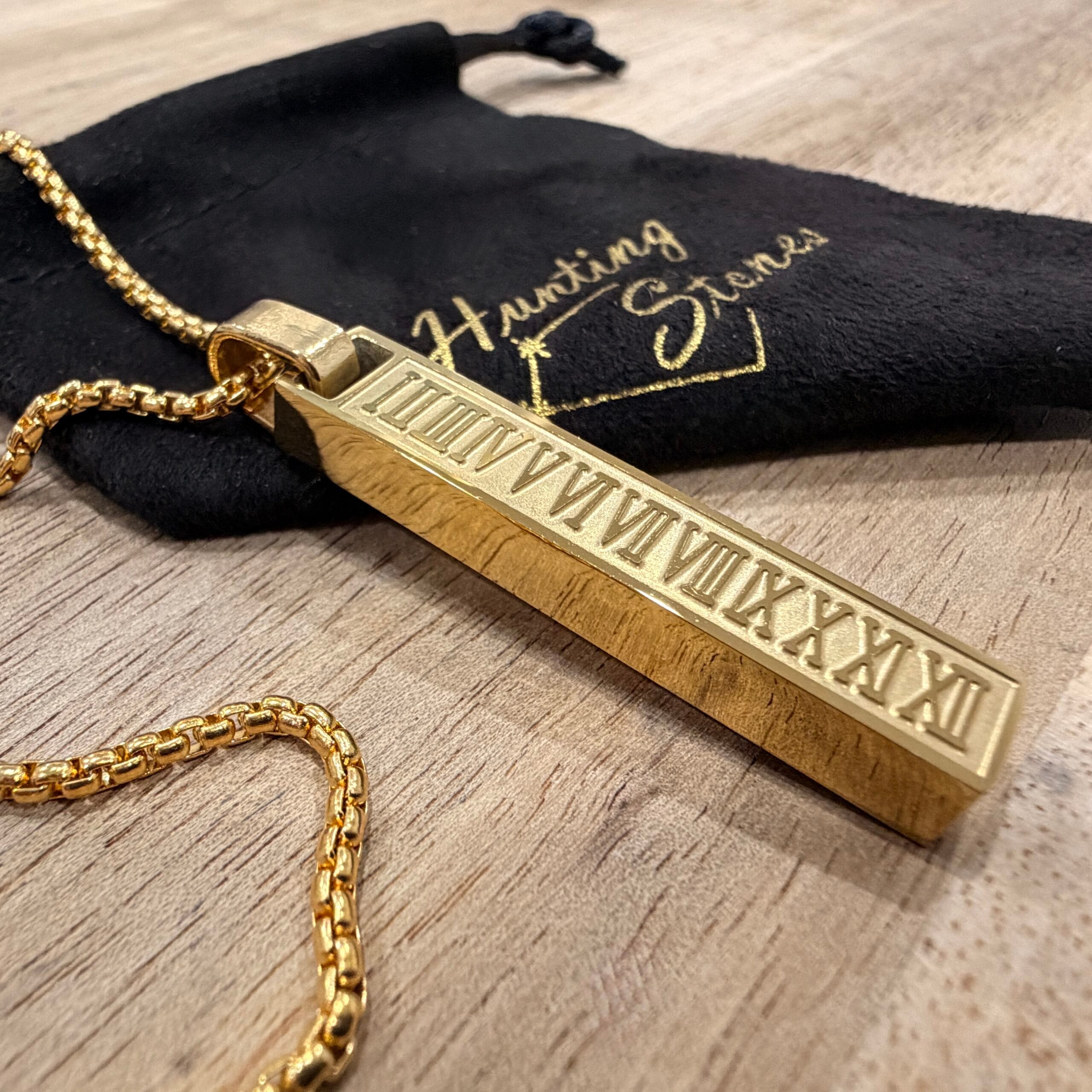 Men's Quality Stainless Steel Gold Bar Necklace Roman Numerals - 60cm chain