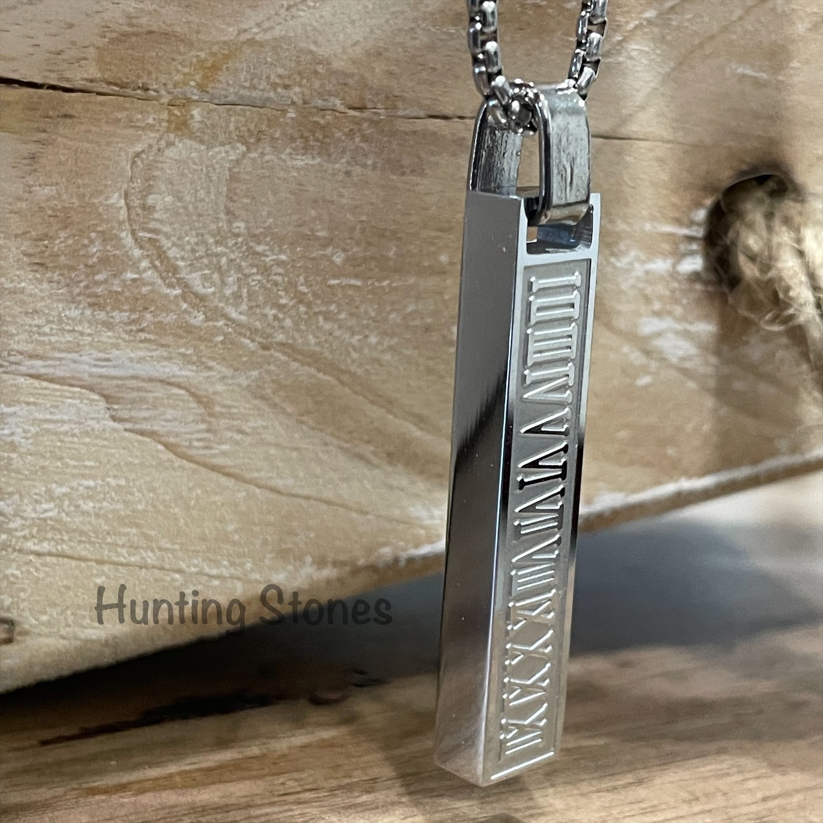 Men's Quality Stainless Steel Silver Bar Necklace Roman Numerals - 60cm chain