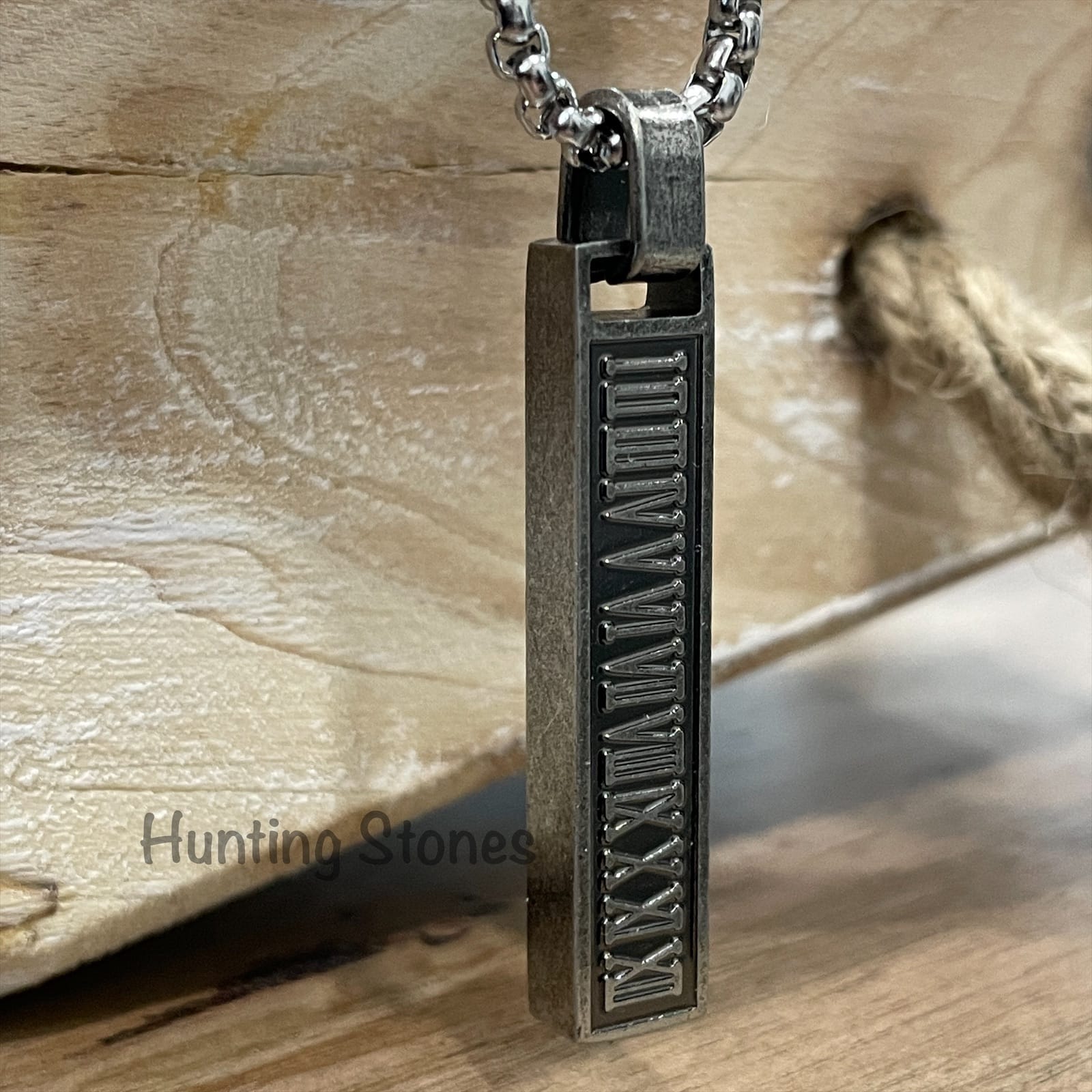 Men's Quality Stainless Steel Bar Necklace Vintage Silver Roman Numerals - 60cm chain
