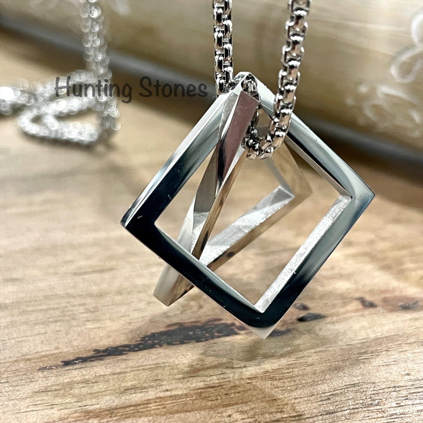 Men's Quality Stainless Steel Geometric Triangle and Square Necklace - 60cm chain