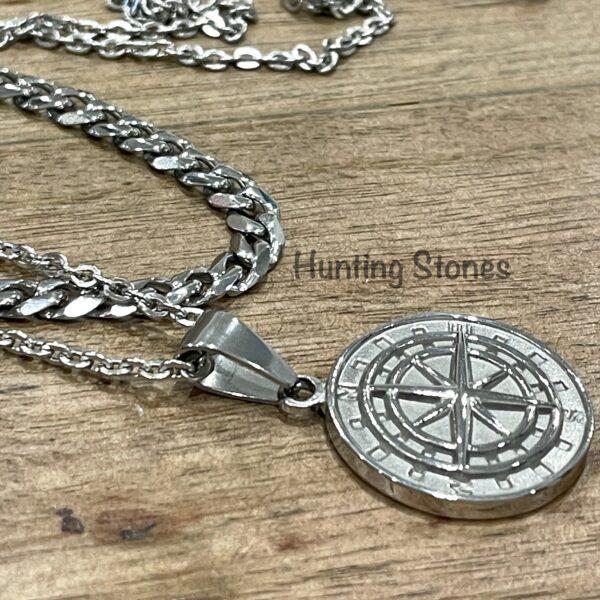 Men's Quality Stainless Steel Compass Necklace and Cuban Chain Set