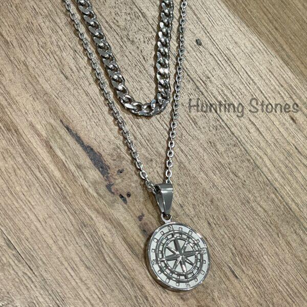 Men's Quality Stainless Steel Compass Necklace and Wheat Chain Set