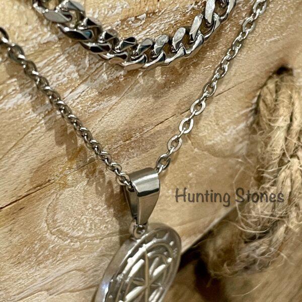 Men's Quality Stainless Steel Compass Necklace and Cuban Chain Set