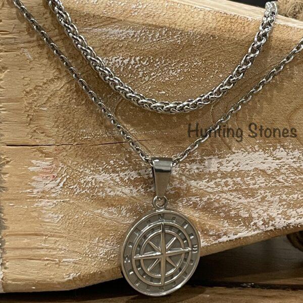 Men's Quality Stainless Steel Compass Necklace and Wheat Chain Set