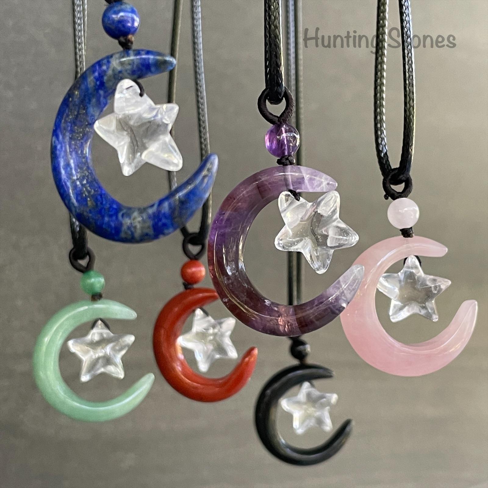 Natural Crystal Moon with Floating Star Necklace - 31mm Moons