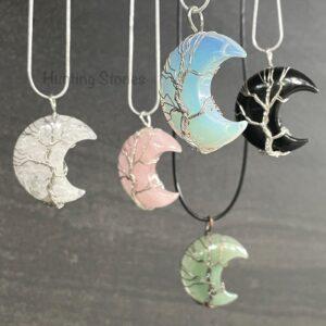 Natural Crystal Tree of Life Moon Necklace - 35mm Moons