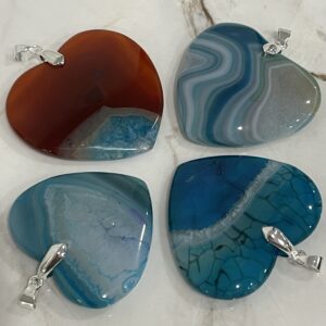 Agate Crystal Heart Pendants 40 to 46mm - Cool Calming Blues