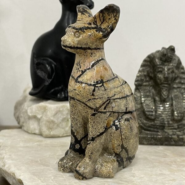 Beautiful Picture Jasper Crystal Egyptian Cat Statue - Sphinx 80mm 01
