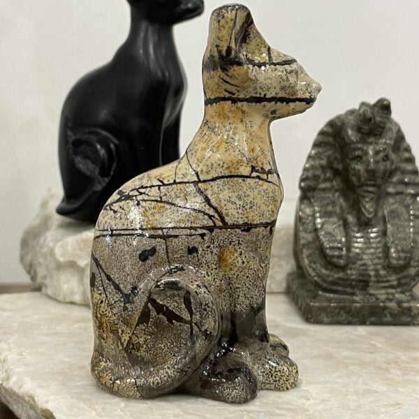 Beautiful Picture Jasper Crystal Egyptian Cat Statue - Sphinx 80mm 01