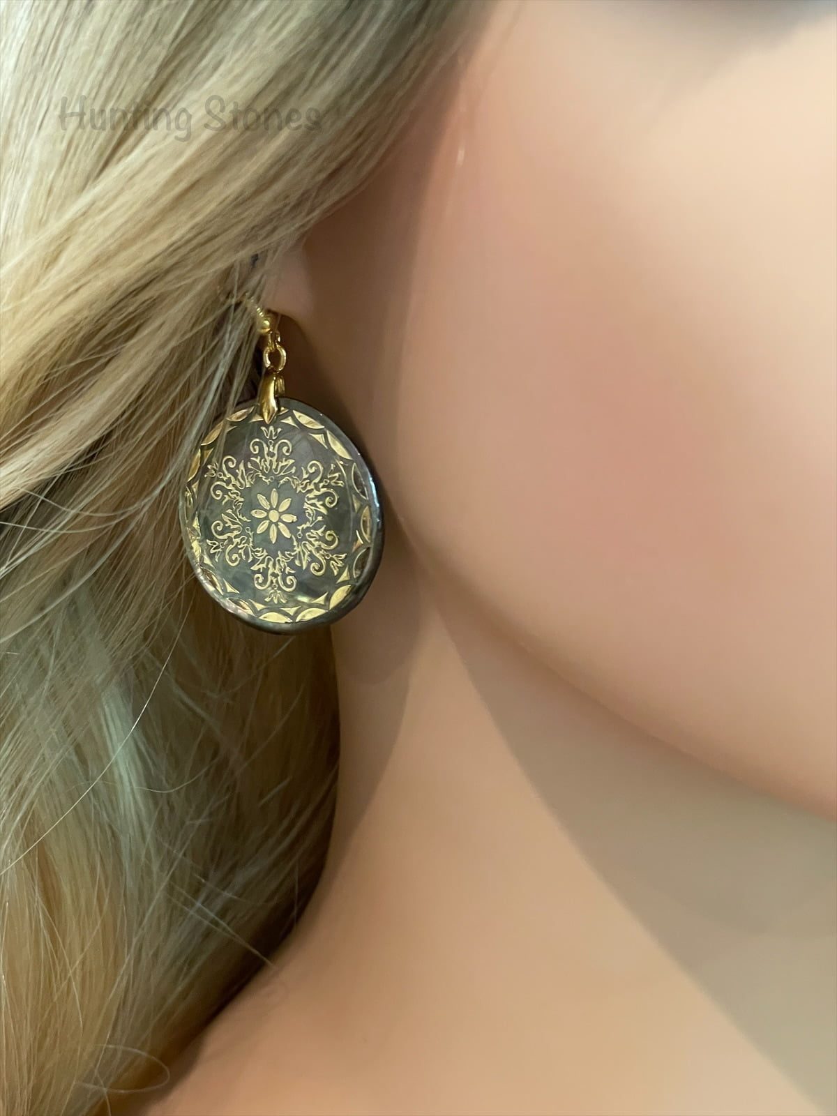 Handmade Natural Abalone Shell Gold Flower Mandala Earrings 30mm - Image 4