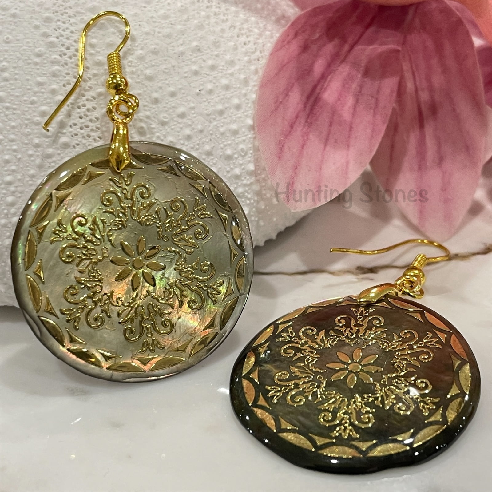 Handmade Natural Abalone Shell Gold Flower Mandala Earrings 30mm - Image 2