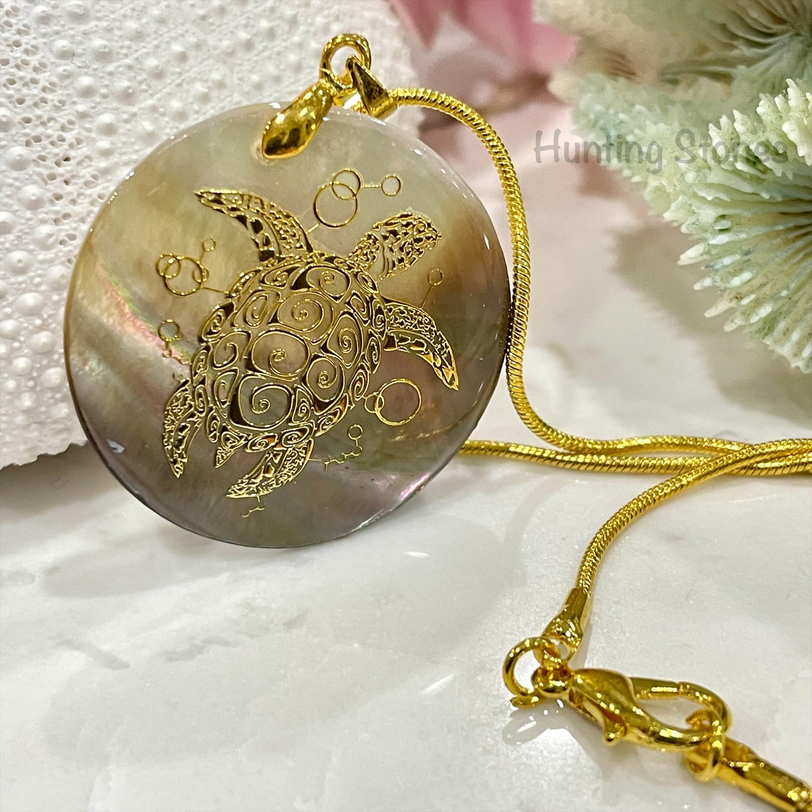 Handmade Natural Abalone Shell Honu Sea Turtle Necklace Gold 30mm - Image 2