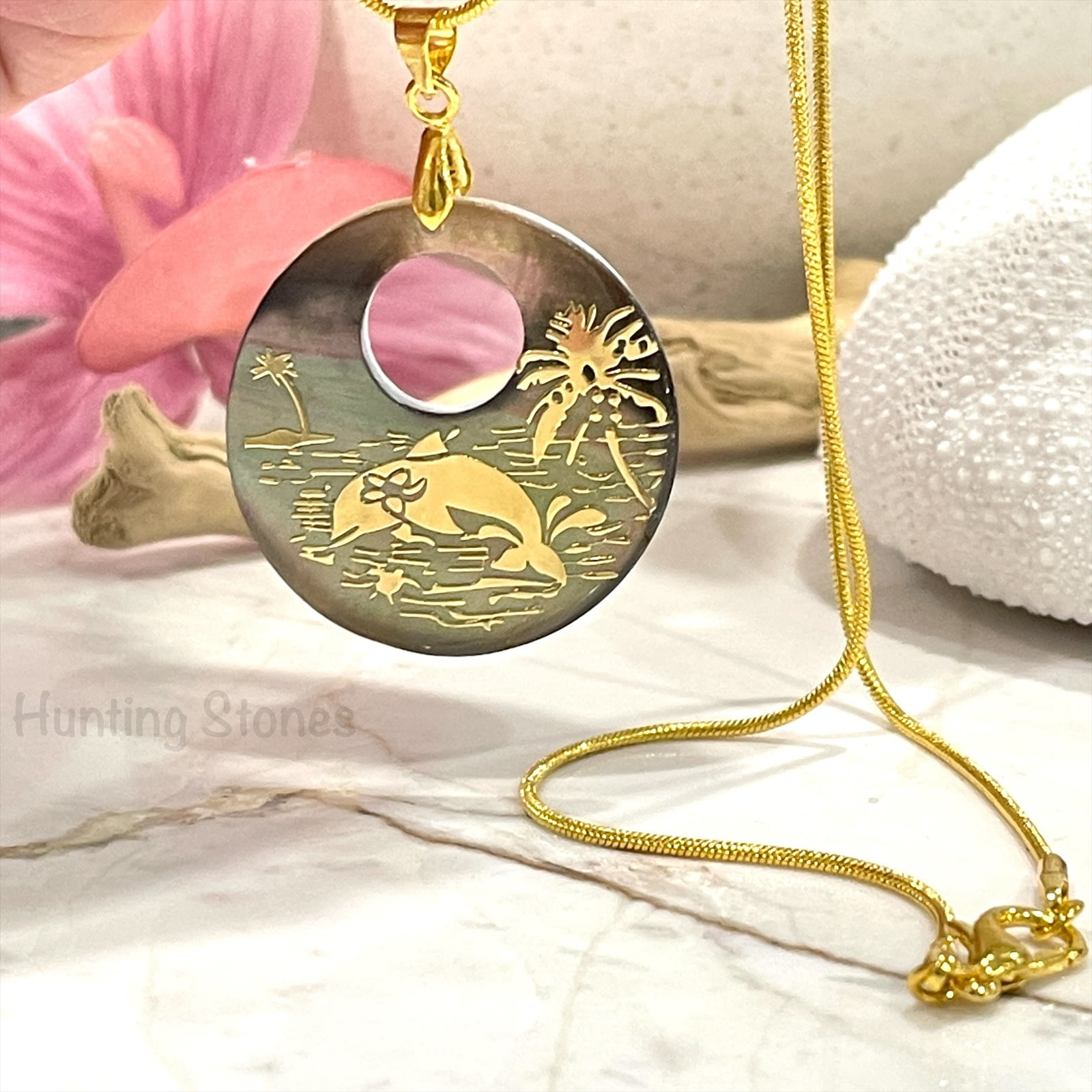 Handmade Natural Abalone Shell Dolphin Necklace Gold 30mm - Image 4