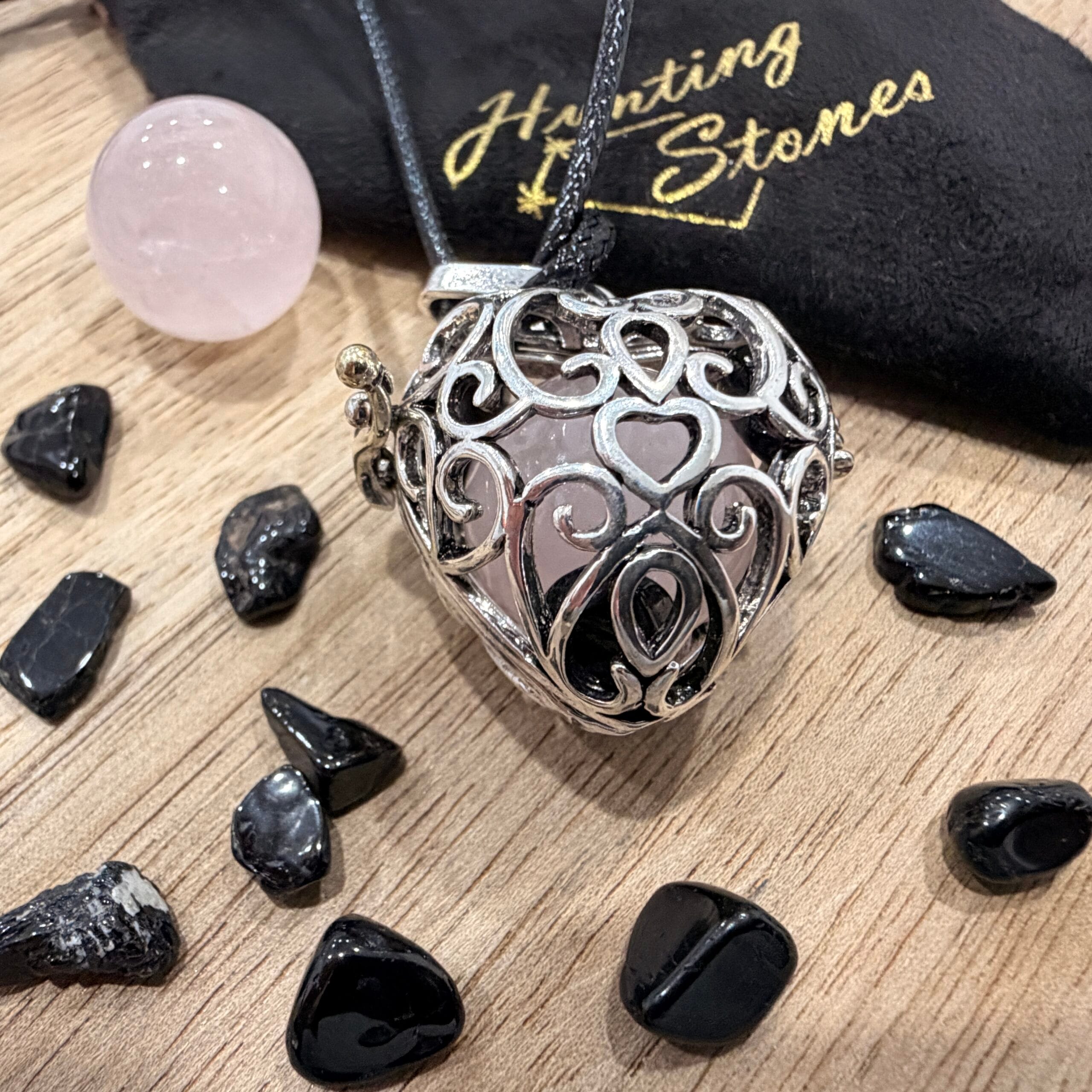 Rose Quartz and Tourmaline Crystal Heart Locket Necklace Love Heal Protection