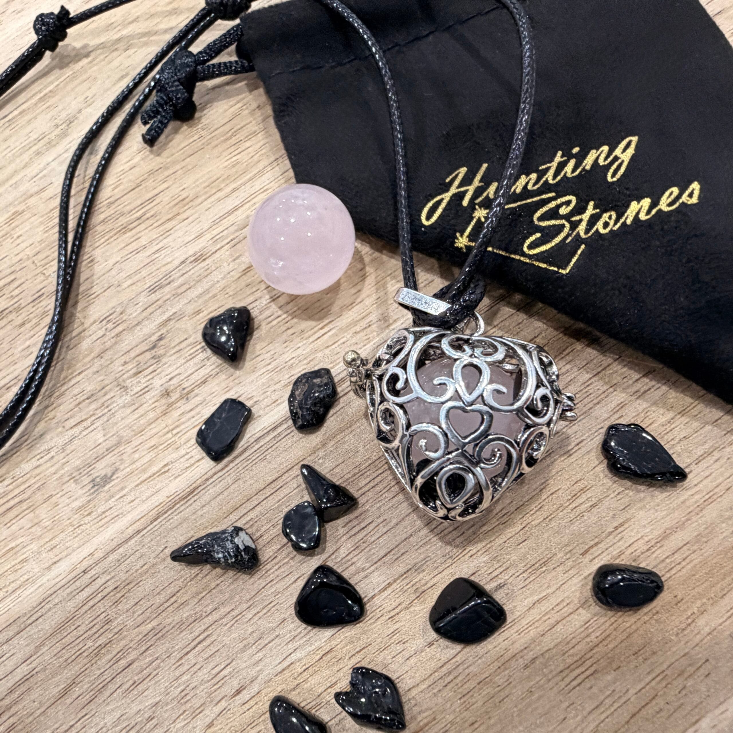 Rose Quartz and Tourmaline Crystal Heart Locket Necklace Love Heal Protection