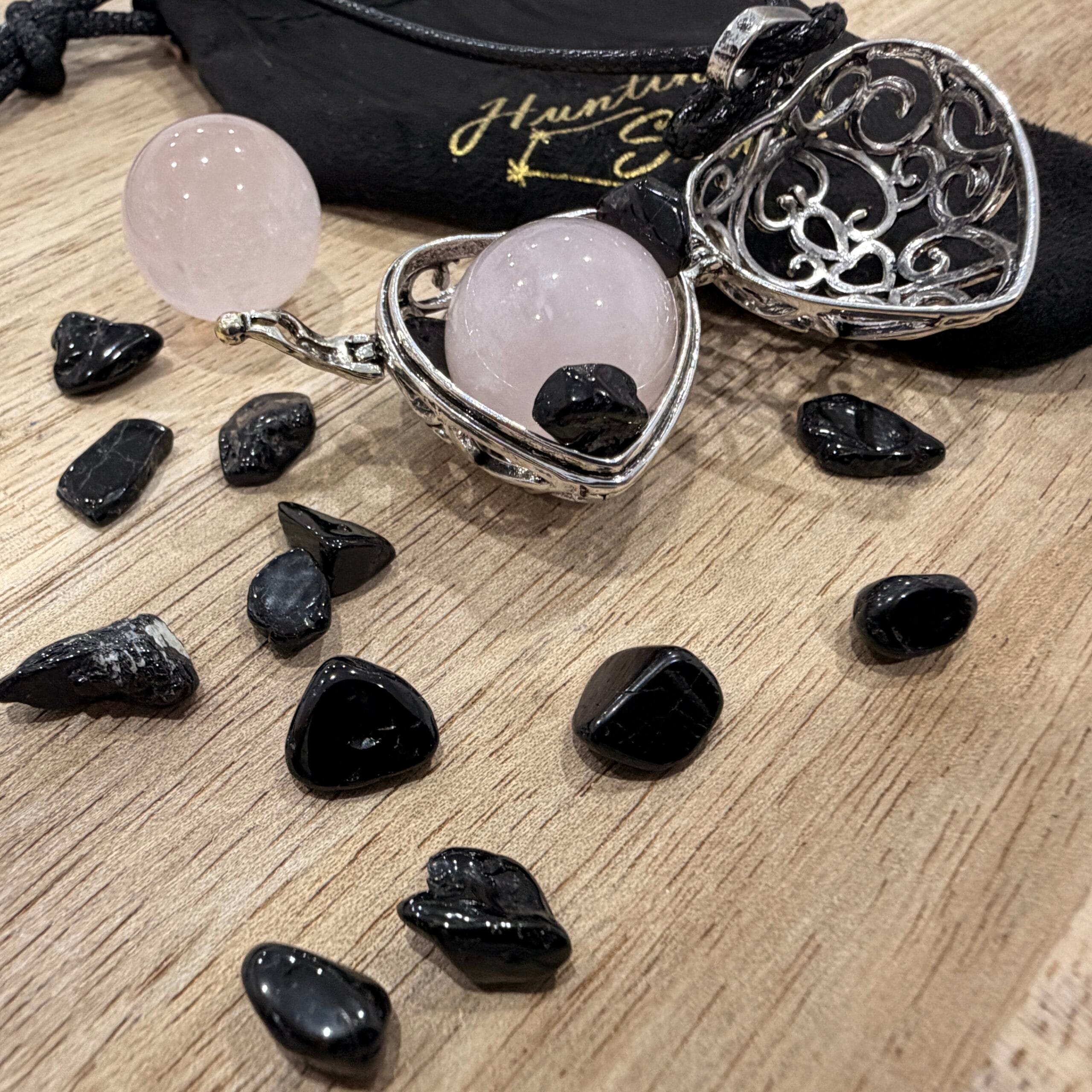 Rose Quartz and Tourmaline Crystal Heart Locket Necklace Love Heal Protection