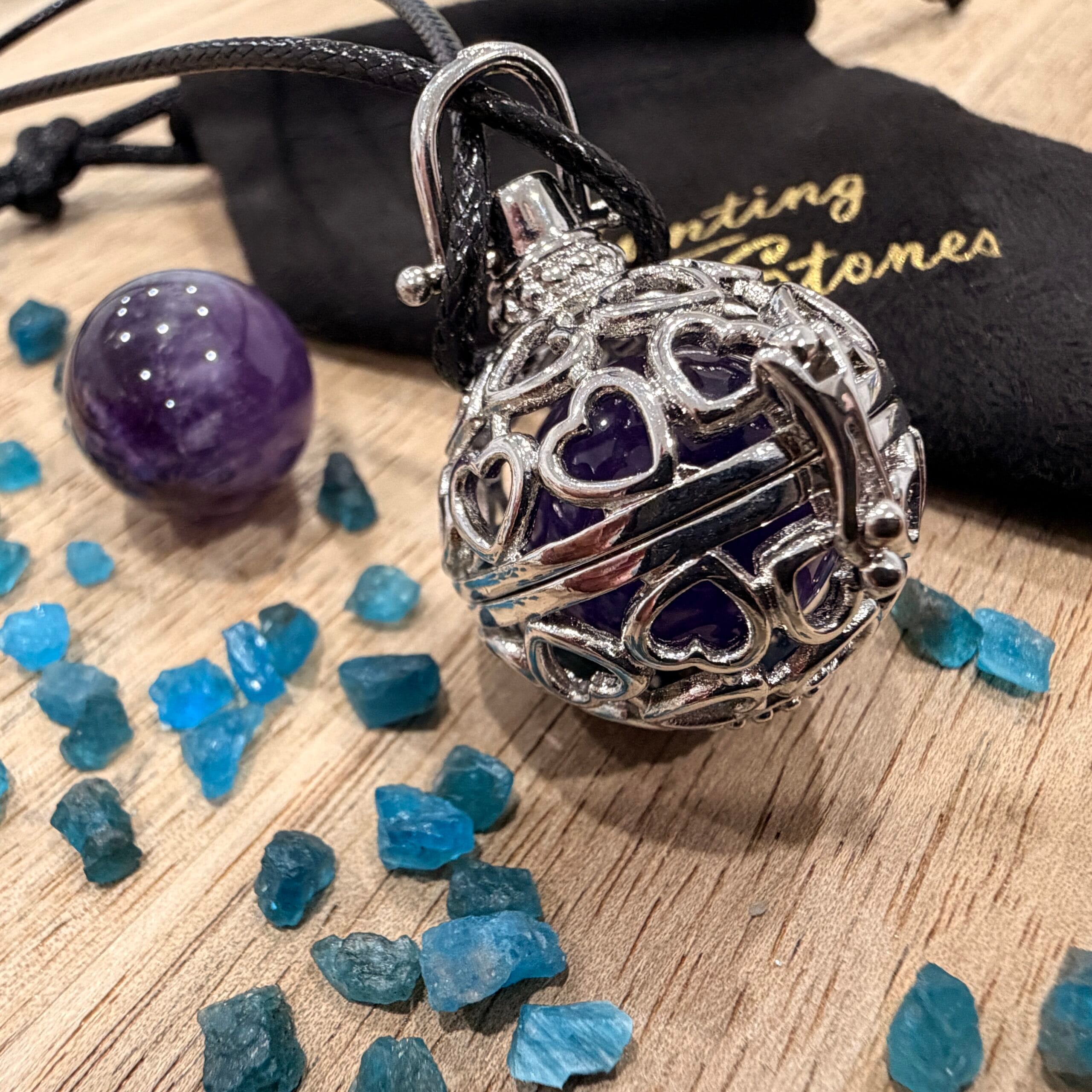 Amethyst and Apatite Crystal Heart Locket Necklace Spiritual Intuition Calming