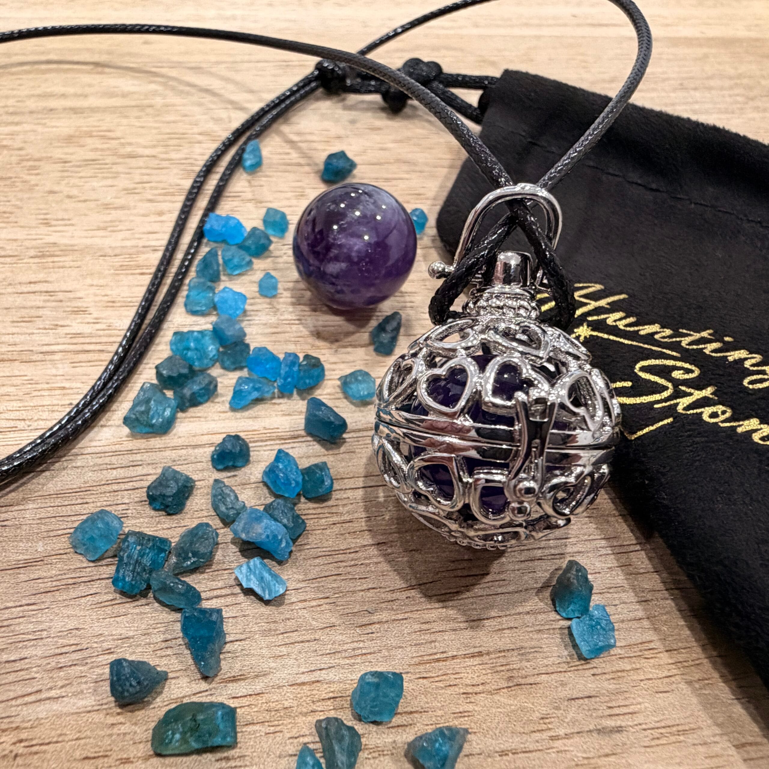 Amethyst and Apatite Crystal Heart Locket Necklace Spiritual Intuition Calming