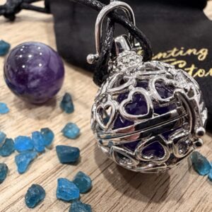 Amethyst and Apatite Crystal Heart Locket Necklace Spiritual Intuition Calming