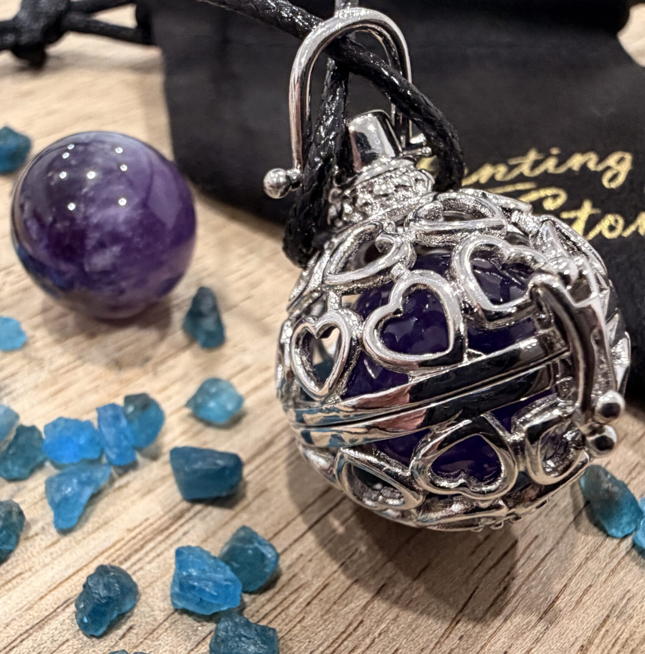 Amethyst and Apatite Crystal Heart Locket Necklace Spiritual Intuition Calming