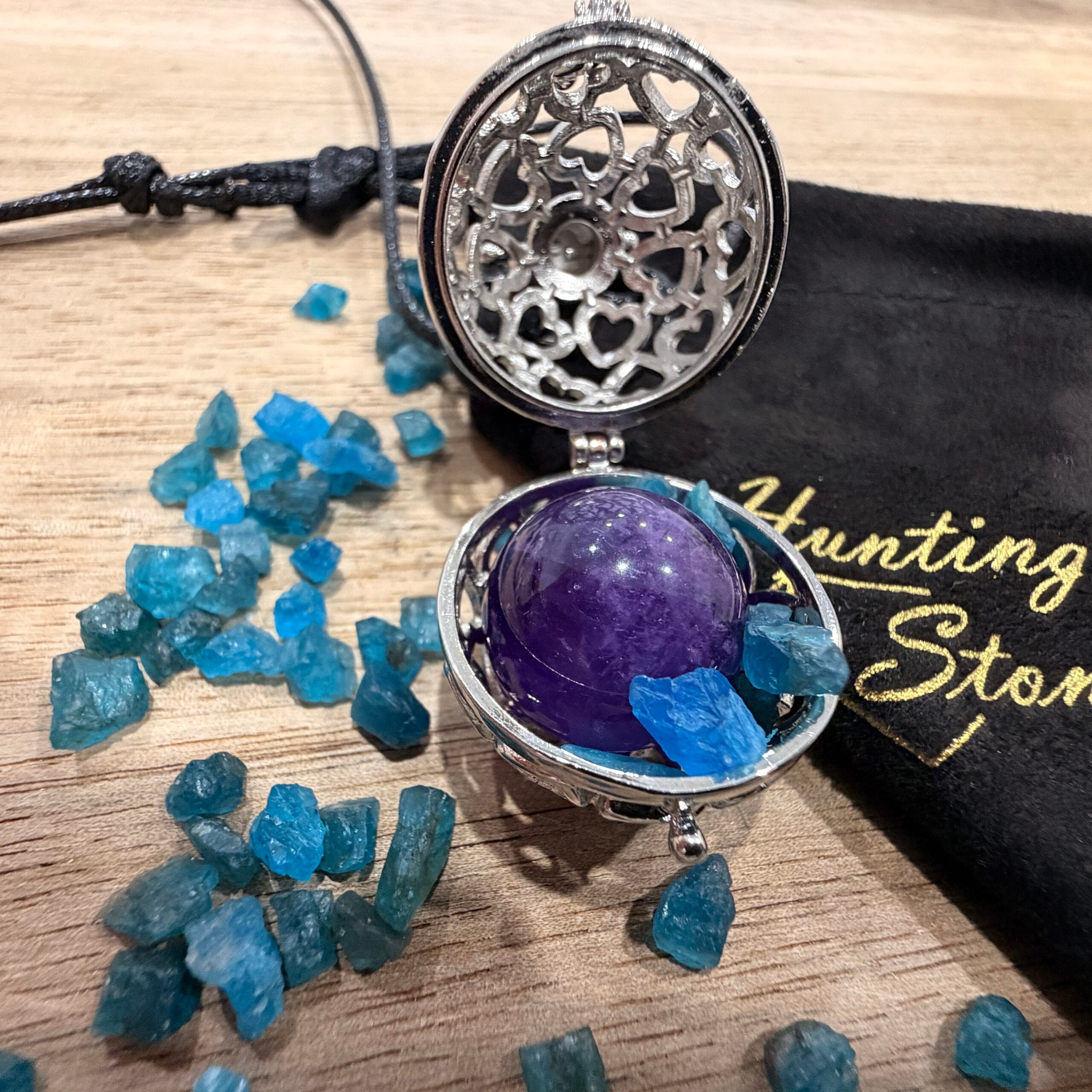Amethyst and Apatite Crystal Heart Locket Necklace Spiritual Intuition Calming