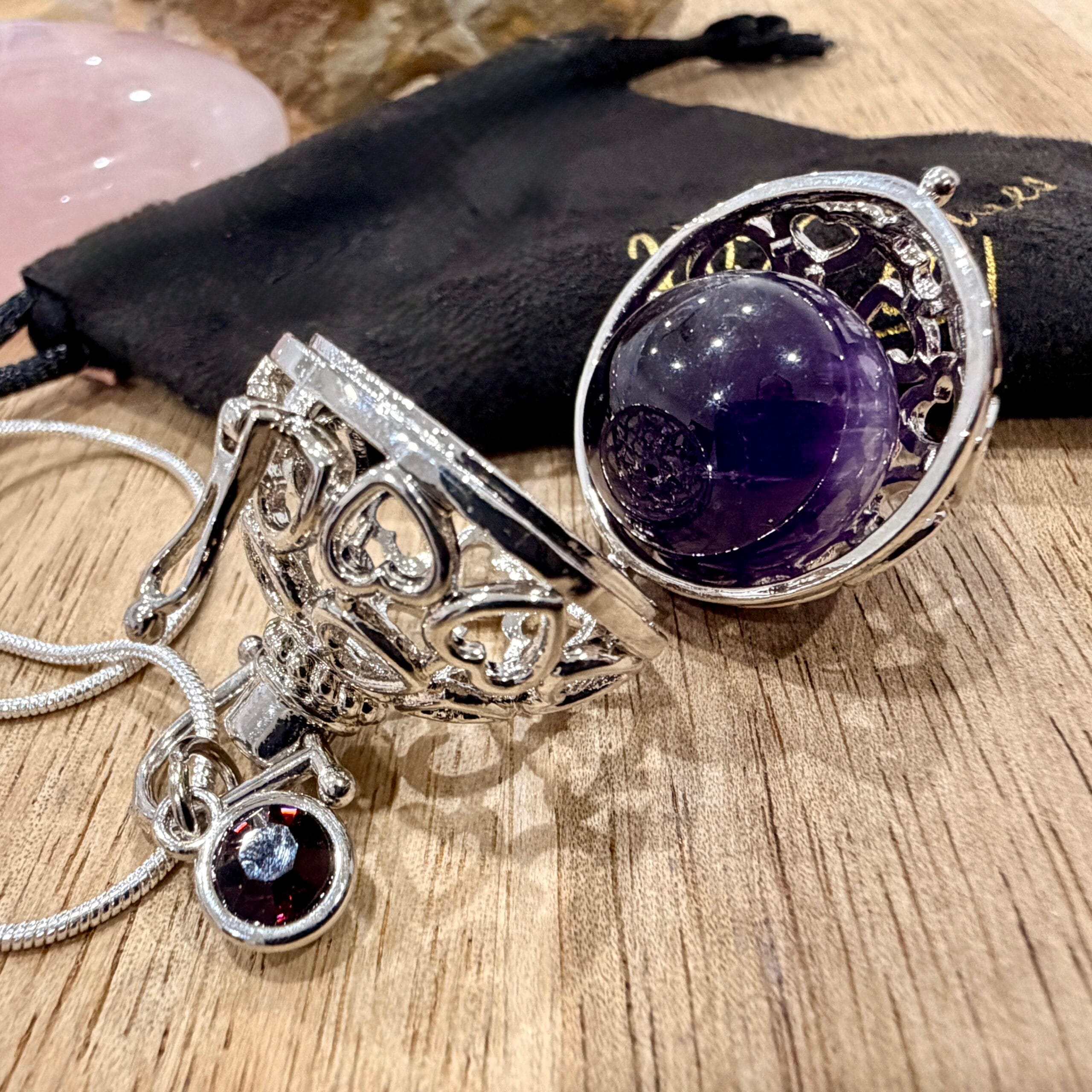 Amethyst Crystal Heart Locket Necklace Spiritual Intuition Calming